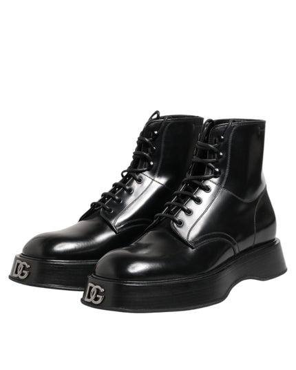 Dolce & Gabbana Black Leather Logo Ankle Boots Lace Up Shoes