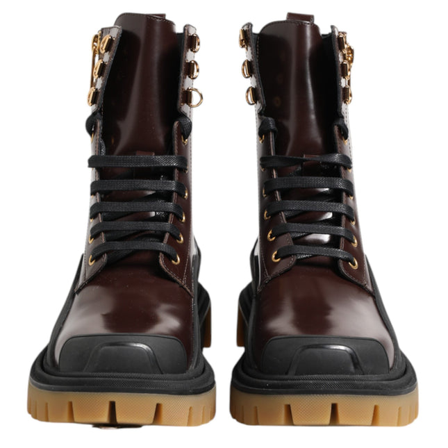 Dolce & Gabbana Brown Black Leather Boots Zipper Lace Up Shoes