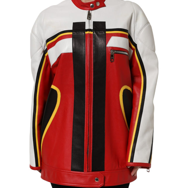 Dolce & Gabbana Multicolor Leather Biker Full Zip Coat Jacket