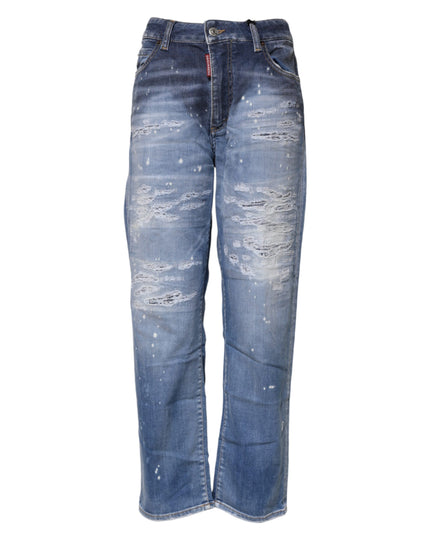 Dsquared² Blue Tattered Cotton Mid Waist Straight Denim Jeans