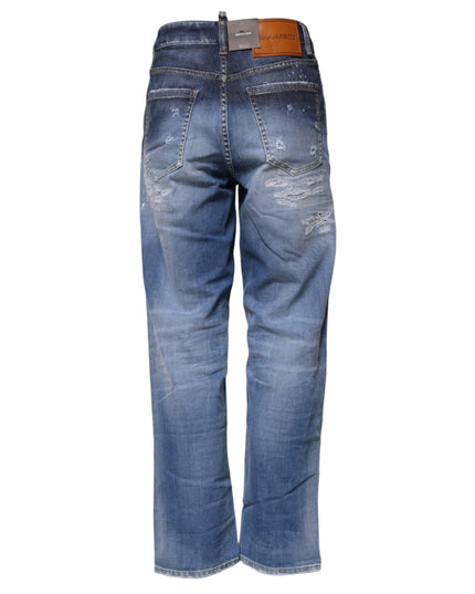 Dsquared² Blue Tattered Cotton Mid Waist Straight Denim Jeans