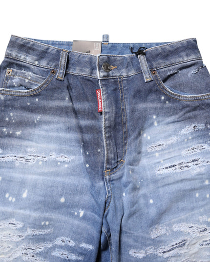 Dsquared² Blue Tattered Cotton Mid Waist Straight Denim Jeans