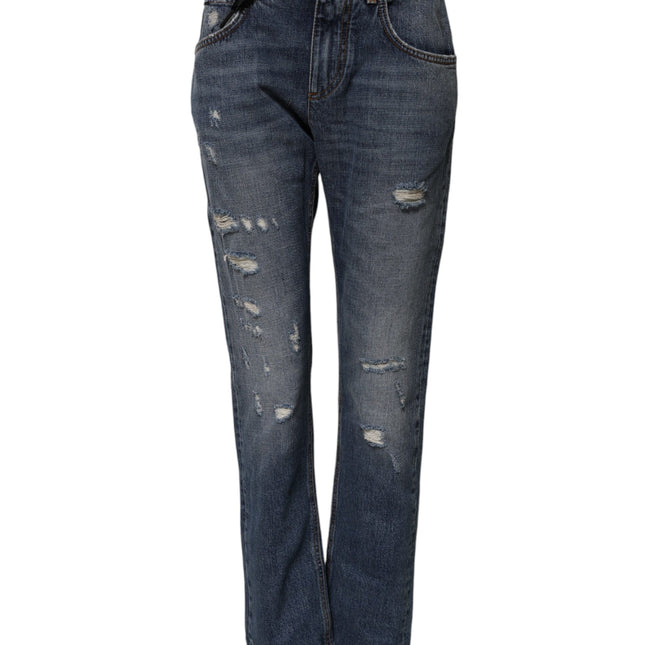 Dolce & Gabbana Blue Cotton Tattered Boyfriend Denim Jeans
