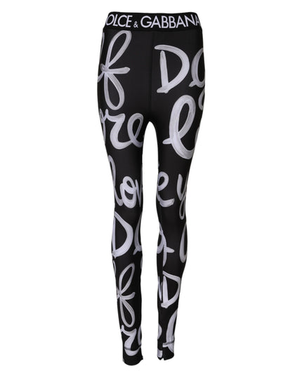 Dolce & Gabbana Black Polyester Logo Print Mid Waisted Pants