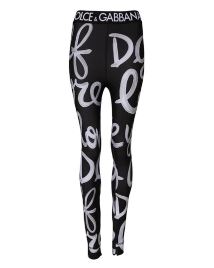 Dolce & Gabbana Black Polyester Logo Print Mid Waisted Pants