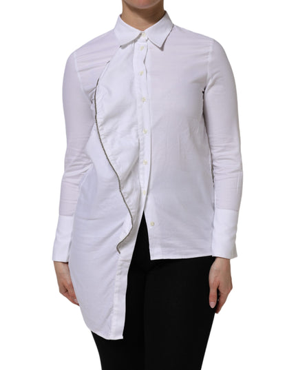 AGLINI White Cotton Collared Long Sleeves Ruffle Top Shirt