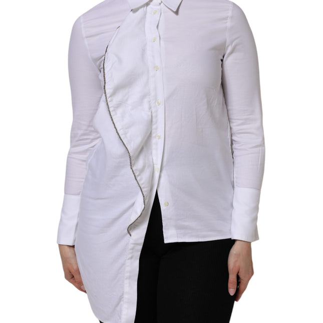 AGLINI White Cotton Collared Long Sleeves Ruffle Top Shirt