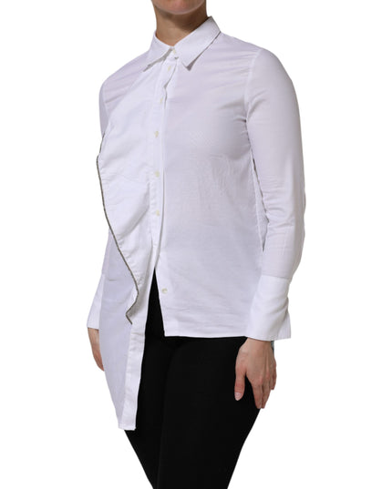 AGLINI White Cotton Collared Long Sleeves Ruffle Top Shirt
