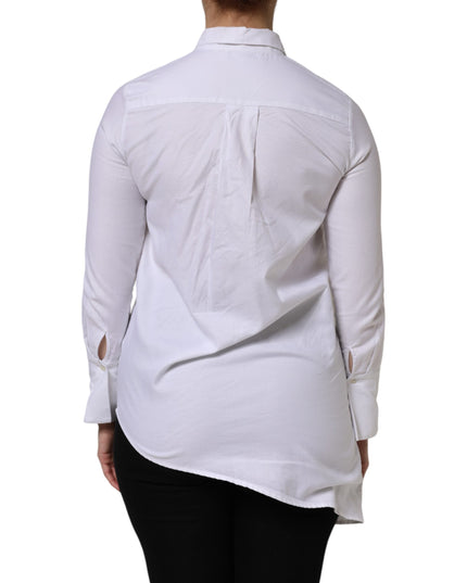 AGLINI White Cotton Collared Long Sleeves Ruffle Top Shirt