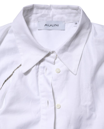 AGLINI White Cotton Collared Long Sleeves Ruffle Top Shirt