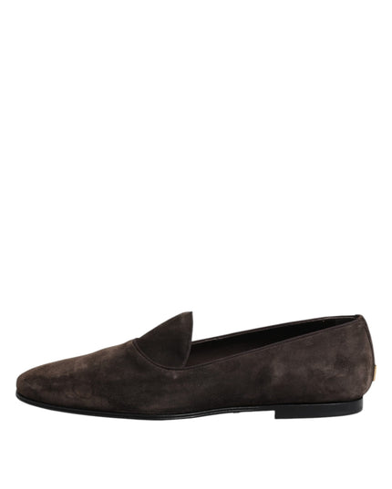 Dolce & Gabbana Brown Velvet Leather Slip On Loafers Shoes