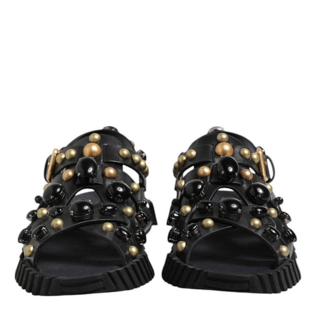 Dolce & Gabbana Black Leather Studded Ankle Strap Sandals Shoes