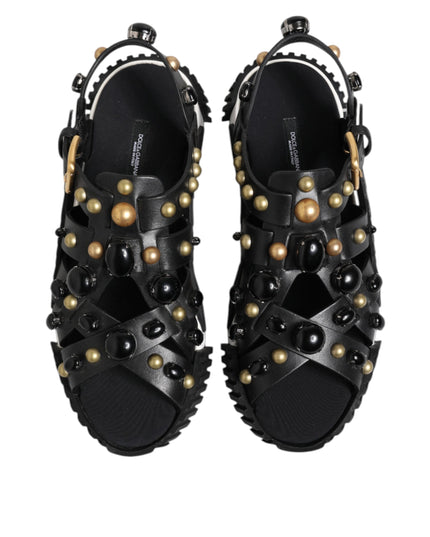 Dolce & Gabbana Black Leather Studded Ankle Strap Sandals Shoes