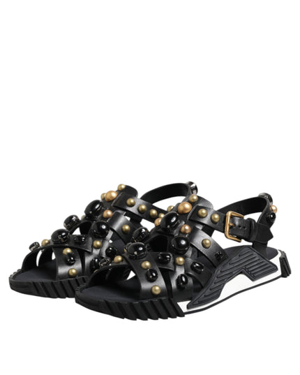 Dolce & Gabbana Black Leather Studded Ankle Strap Sandals Shoes