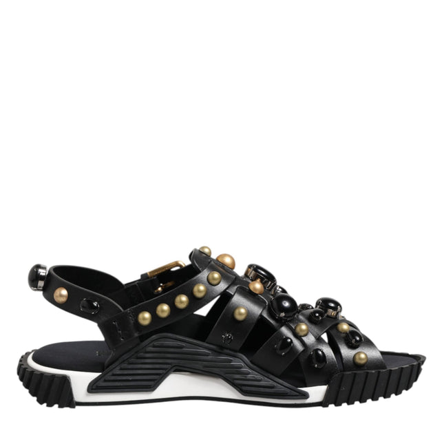 Dolce & Gabbana Black Leather Studded Ankle Strap Sandals Shoes