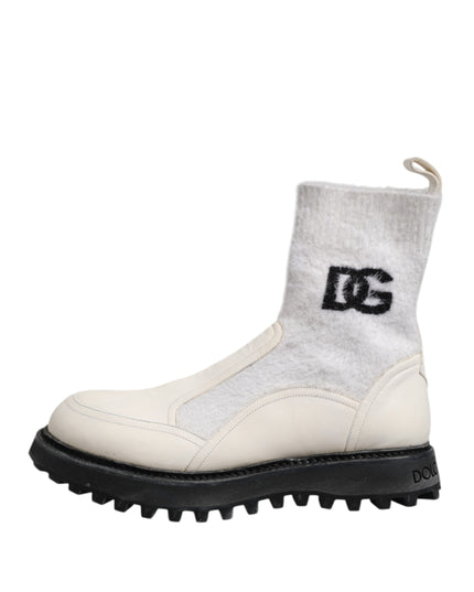Dolce & Gabbana White Beige DG Logo Mid Calf Boots Shoes