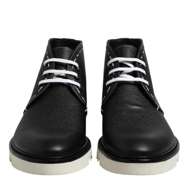 Dolce & Gabbana Black White Leather Ankle Boots Shoes