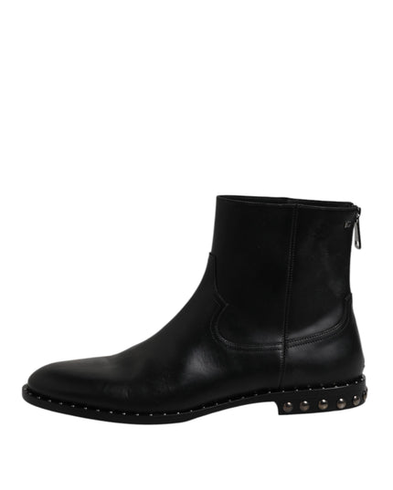 Dolce & Gabbana Black Leather Logo Ankle Boots Studded Shoes