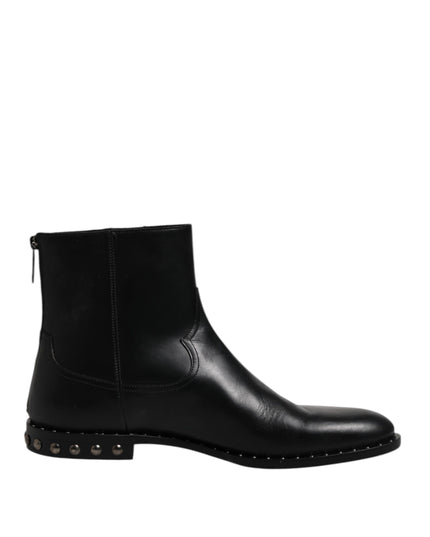 Dolce & Gabbana Black Leather Logo Ankle Boots Studded Shoes