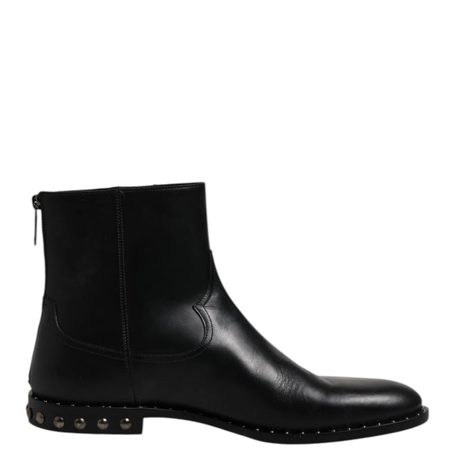 Dolce & Gabbana Black Leather Logo Ankle Boots Studded Shoes