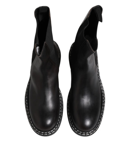 Dolce & Gabbana Black Leather Mid Calf Boots Flats Shoes