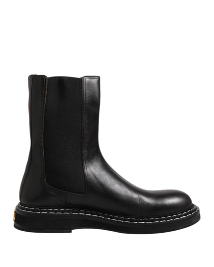 Dolce & Gabbana Black Leather Mid Calf Boots Flats Shoes