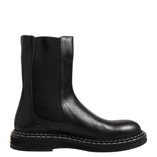 Dolce & Gabbana Black Leather Mid Calf Boots Flats Shoes