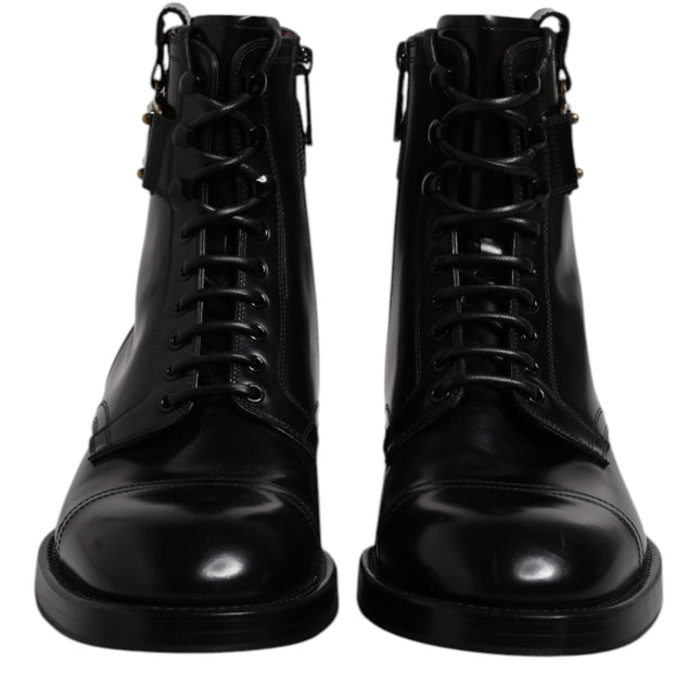 Dolce & Gabbana Black Leather Mid Calf Boots Lace Up Shoes