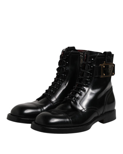 Dolce & Gabbana Black Leather Mid Calf Boots Lace Up Shoes