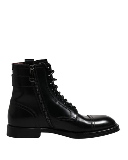 Dolce & Gabbana Black Leather Mid Calf Boots Lace Up Shoes