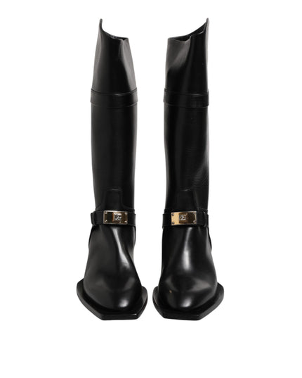 Dolce & Gabbana Black Leather High Boots Flats Shoes
