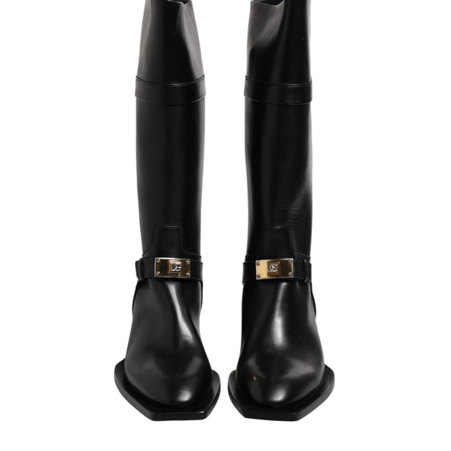 Dolce & Gabbana Black Leather High Boots Flats Shoes