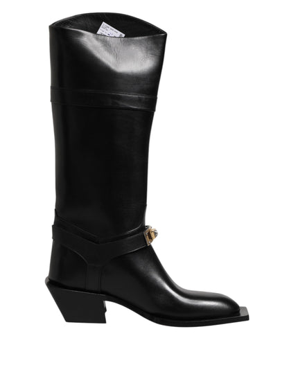 Dolce & Gabbana Black Leather High Boots Flats Shoes