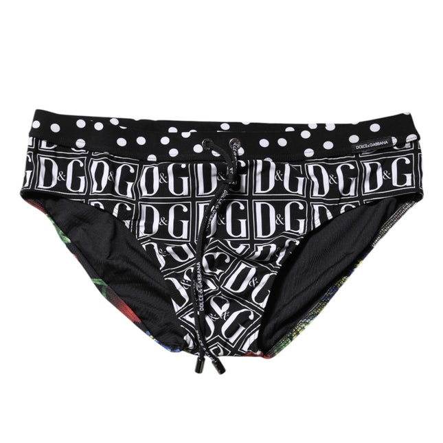 Dolce & Gabbana Black Floral Logo Beachwear Men Brief Swimwear