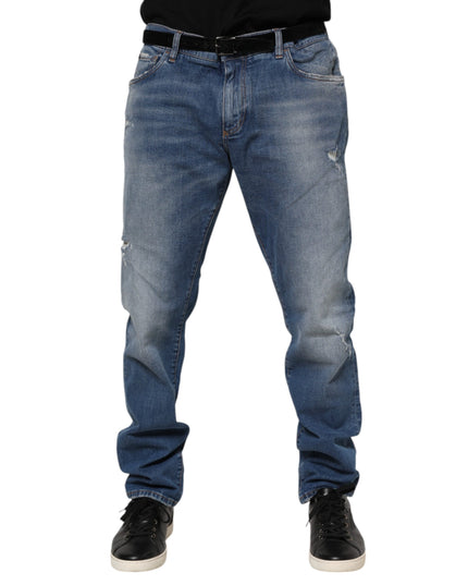 Dolce & Gabbana Blue Washed Cotton Logo Plaque Denim Jeans