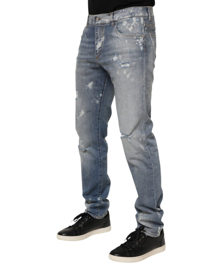 Dolce & Gabbana Blue Cotton Tattered Slim Fit Men Denim Jeans
