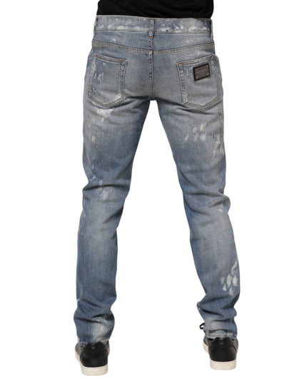Dolce & Gabbana Blue Cotton Tattered Slim Fit Men Denim Jeans
