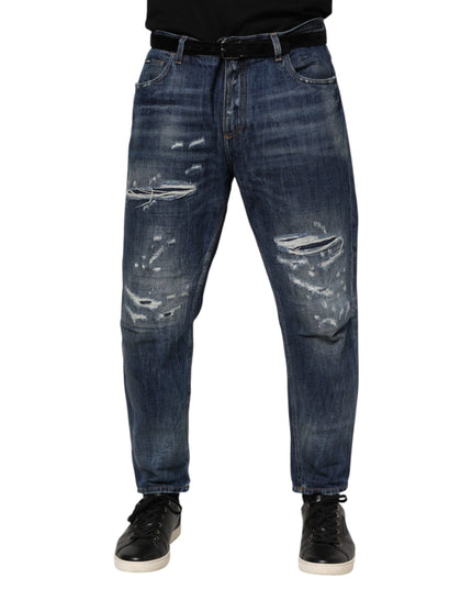 Dolce & Gabbana Blue Cotton Tattered Tapered Men Denim Jeans