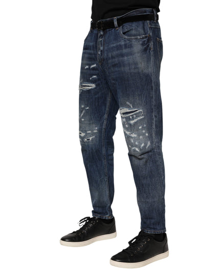Dolce & Gabbana Blue Cotton Tattered Tapered Men Denim Jeans