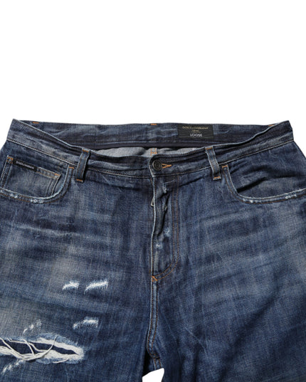 Dolce & Gabbana Blue Cotton Tattered Tapered Men Denim Jeans