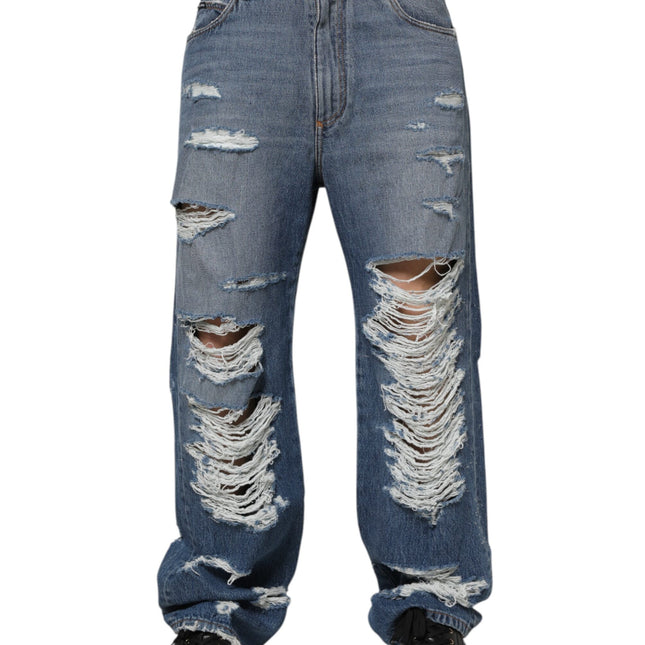 Dolce & Gabbana Blue Tattered Cotton Logo Plaque Denim Jeans