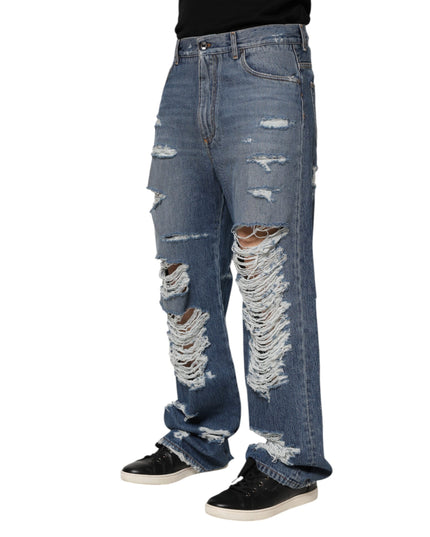 Dolce & Gabbana Blue Tattered Cotton Logo Plaque Denim Jeans