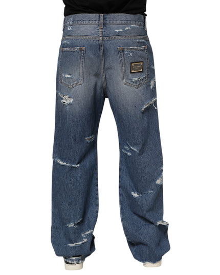 Dolce & Gabbana Blue Tattered Cotton Logo Plaque Denim Jeans