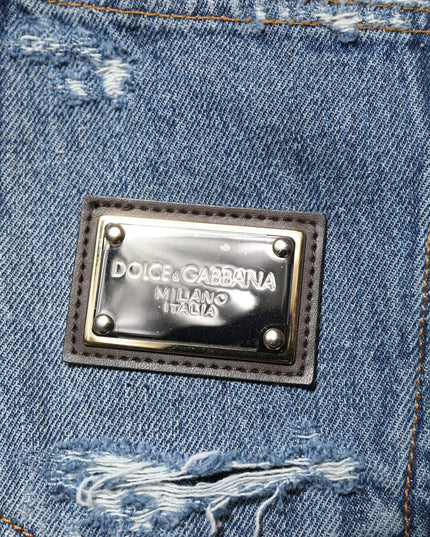 Dolce & Gabbana Blue Tattered Cotton Logo Plaque Denim Jeans