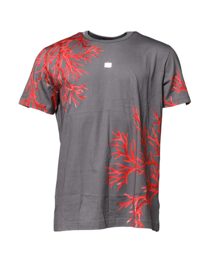 Dolce & Gabbana Gray Cotton Coral Print Logo Plaque T-shirt