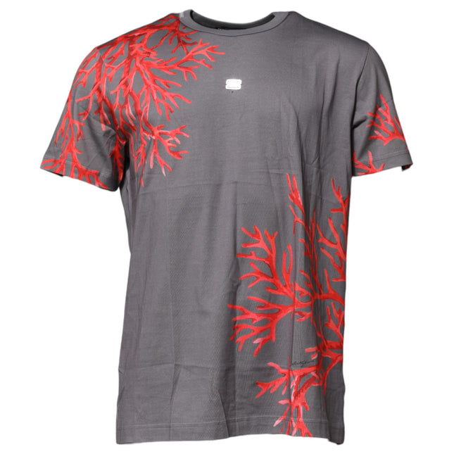 Dolce & Gabbana Gray Cotton Coral Print Logo Plaque T-shirt