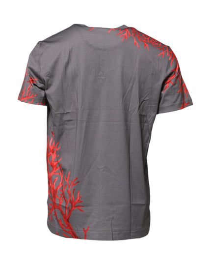 Dolce & Gabbana Gray Cotton Coral Print Logo Plaque T-shirt