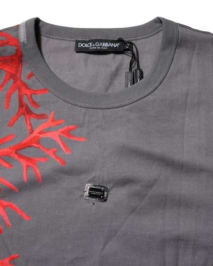 Dolce & Gabbana Gray Cotton Coral Print Logo Plaque T-shirt