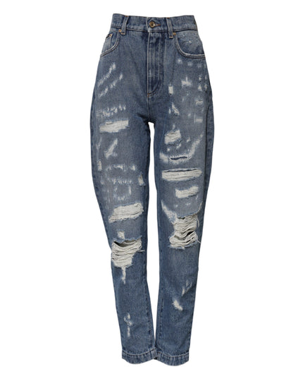 Dolce & Gabbana Blue Cotton Tattered High Waist Denim Jeans