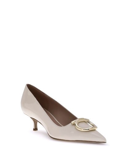 Ferragamo Cream Calf Leather Bos Taurus Mid Heel Pumps
